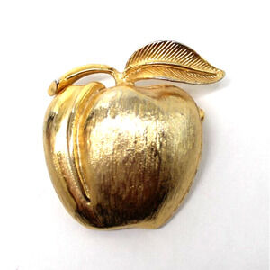 Little Golden Apple Brooch • Leaf • Stem • Textured • Brushed Gold Tone • 1.5"